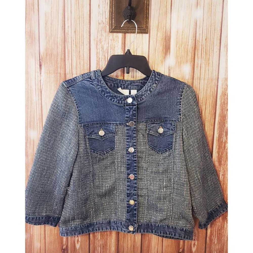 Chicos Denim Jacket Tweed Button Up Pockets Size 1
